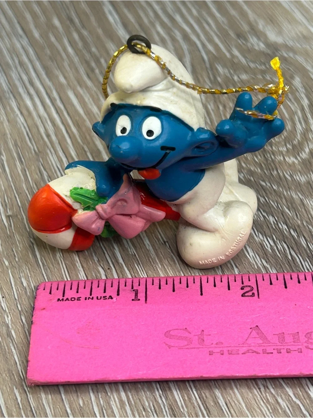Vintage 1981 Schleich Smurf Christmas Ornament Candy Cane Wreath Peyo Portugal